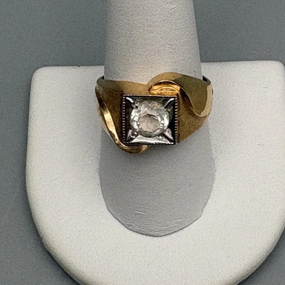 Vintage Mens 10k Gold Filled Ring Clear Stone 9.75 MCM Bold Statement 9.58g